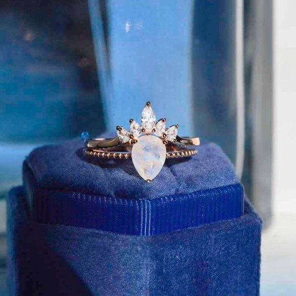 Pear Cut Genuine Moonstone Ring- Two Ring Set - Picture 8 of 8